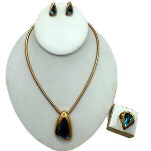 Blue and gold jewelry set chunky asymmetrical unique blue faceted summer mod